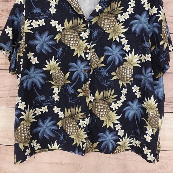 Hilo Hattie Aloha Shirt Womens Large Navy Pineapple Print Rayon Made in Hawaii - Picture 3 of 8